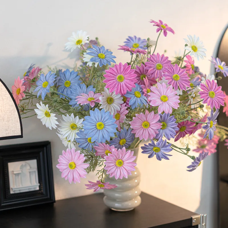 Artificial cosmos stem with open blooms, buds and feathery foliage, arranged in a vase