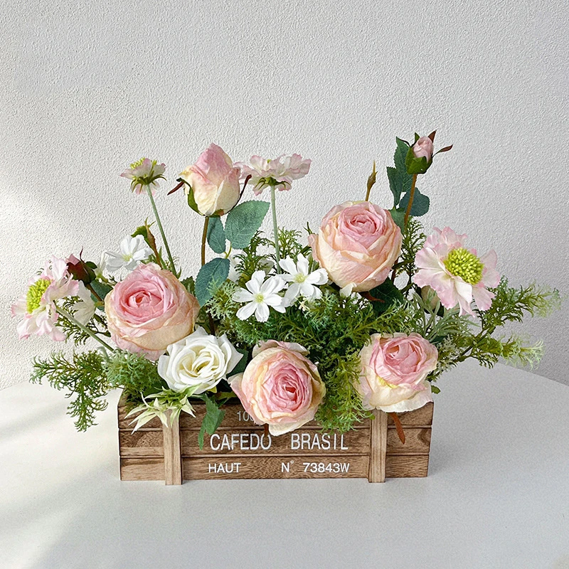 Blush rose artificial flower box arrangement in a rustic printed wooden crate