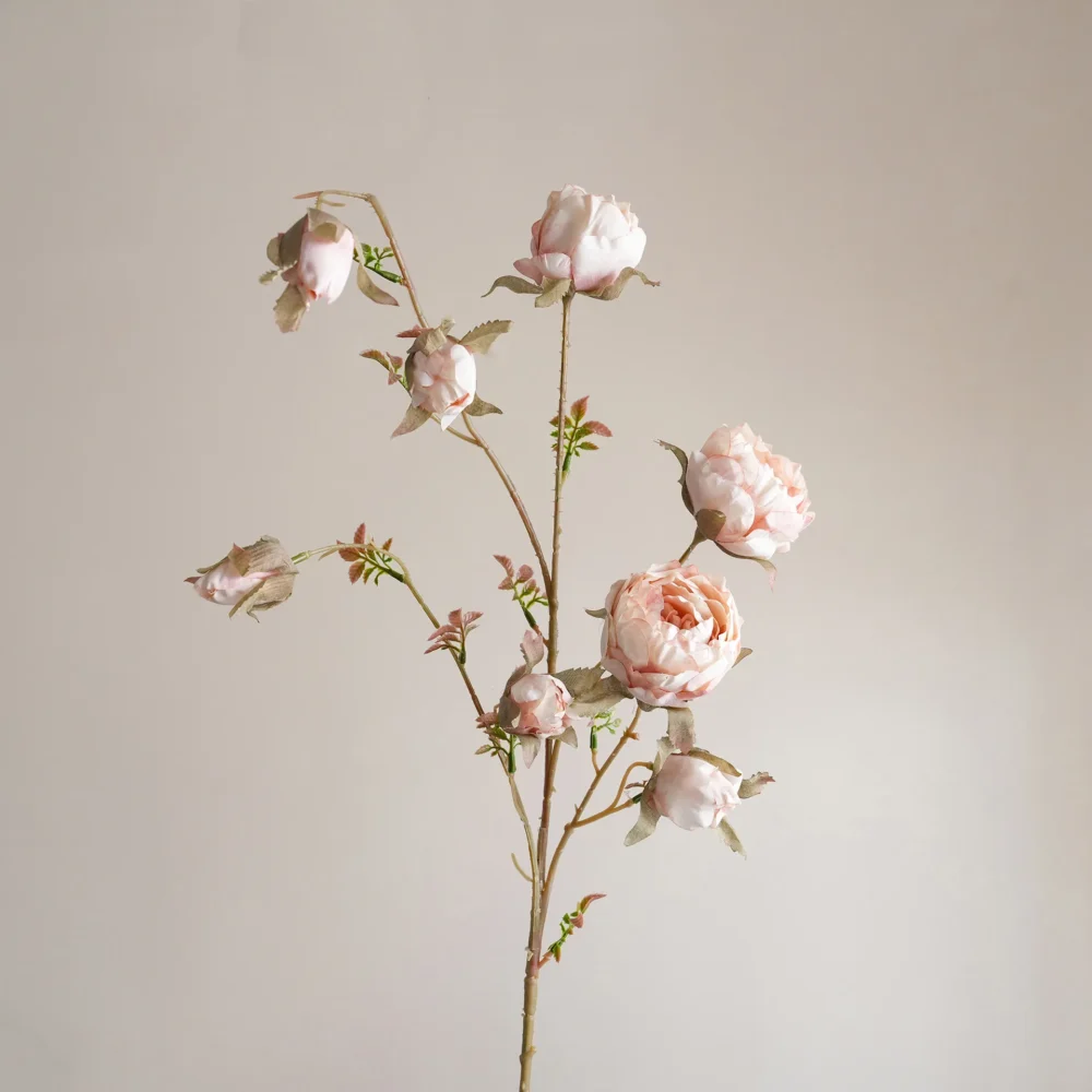 Blush artificial garden rose spray stem with open blooms and tight buds
