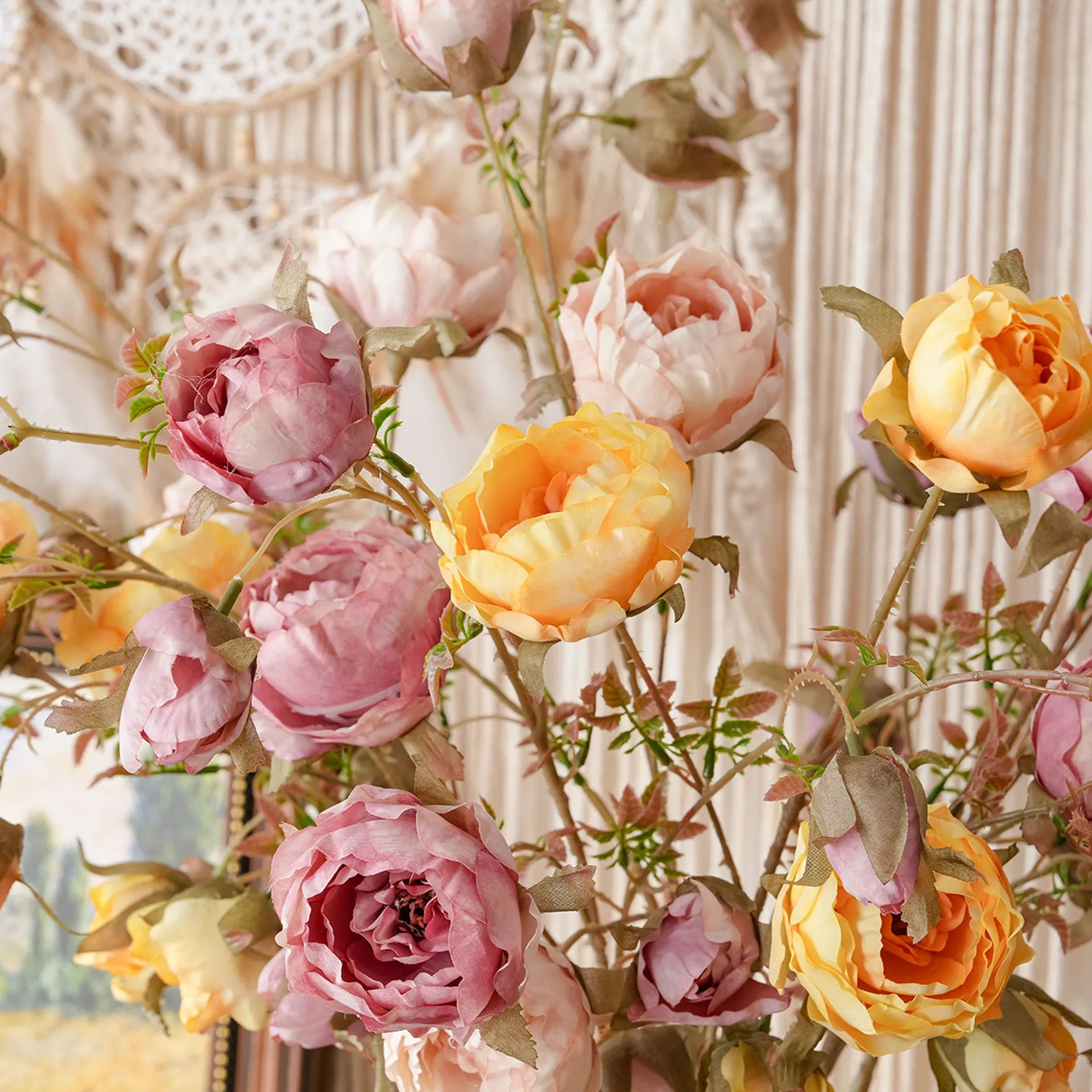 Artificial garden rose spray stem with open blooms and tight buds with the full colour range