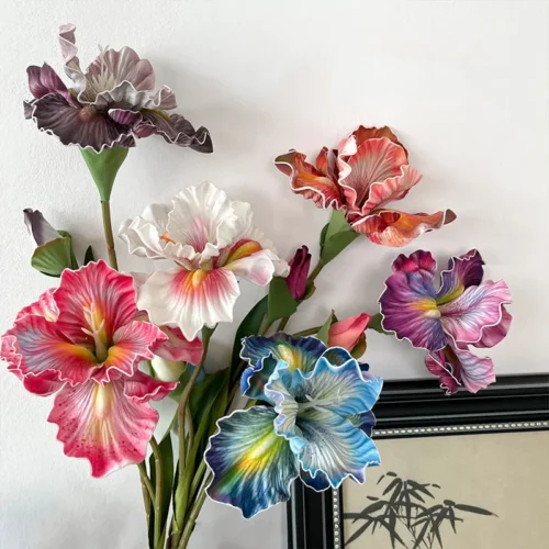 Artificial iris stem with ruffled falls and a tight bud with the full colour range