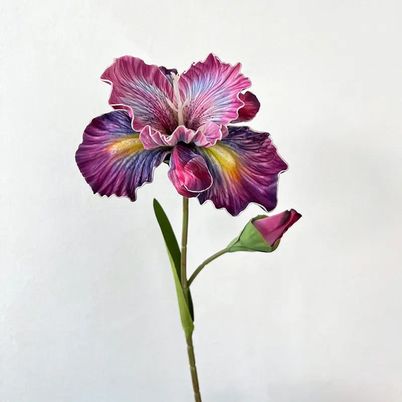 Purple artificial iris stem with ruffled falls and a tight bud