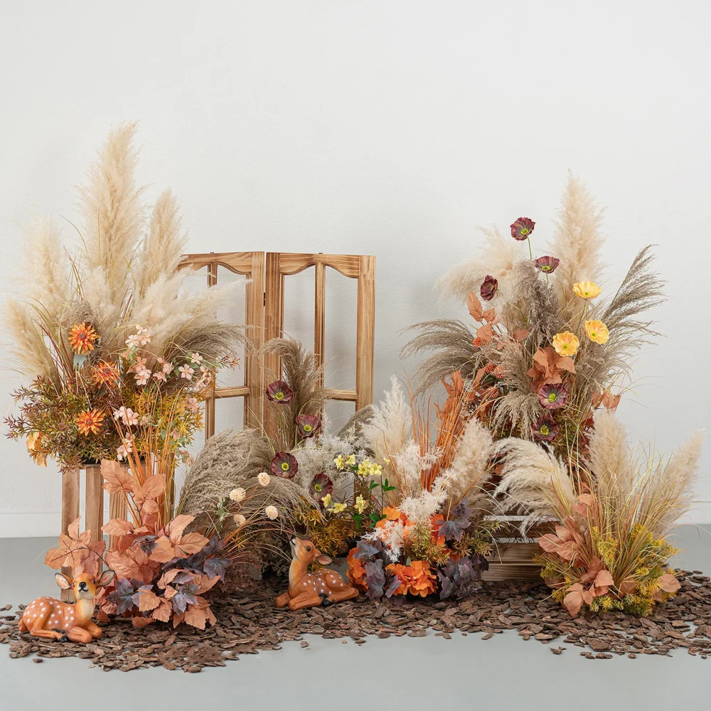 Artificial pampas grass arrangement built as a floor-standing installation with the full colour range