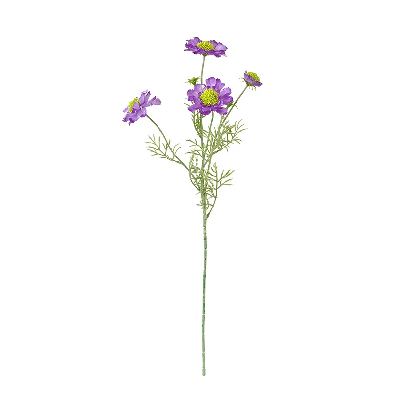 Artificial scabiosa stem with a lime-green pincushion centre and feathered leaves