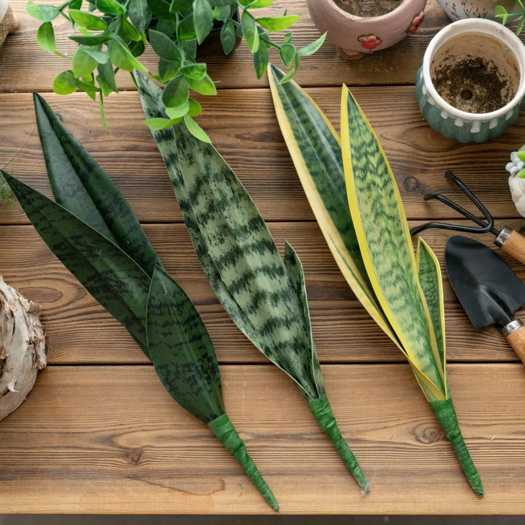 Artificial snake plant leaf with banded markings and a stiff blade with the full colour range