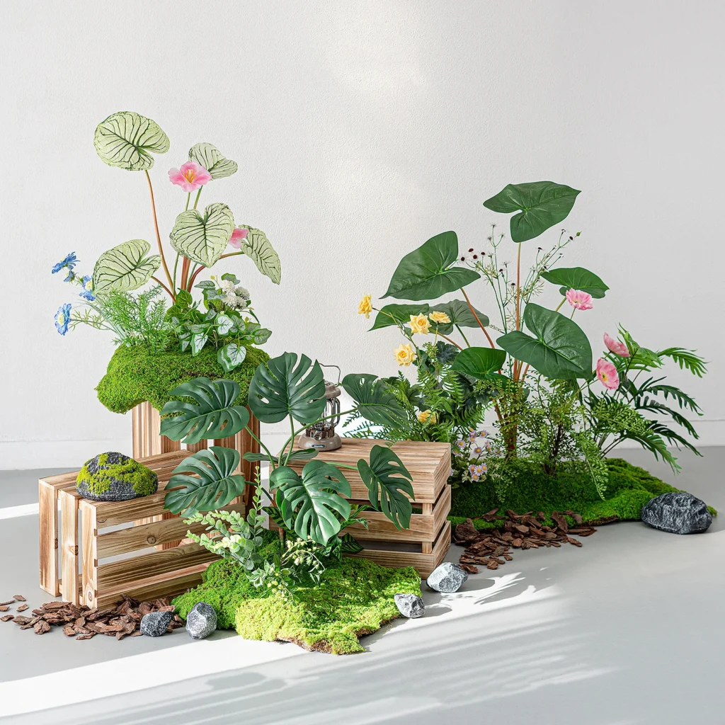 Artificial tropical plant display on a wide moss floor with the full colour range