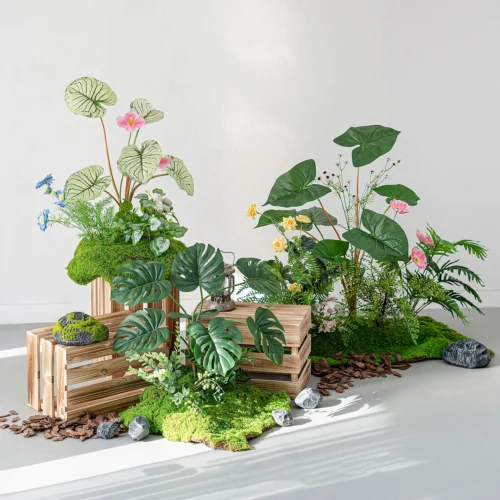 Artificial tropical plant display on a wide moss floor with the full colour range