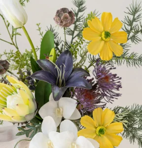 Close-up of realistic artificial flowers showing natural colour and petal detail