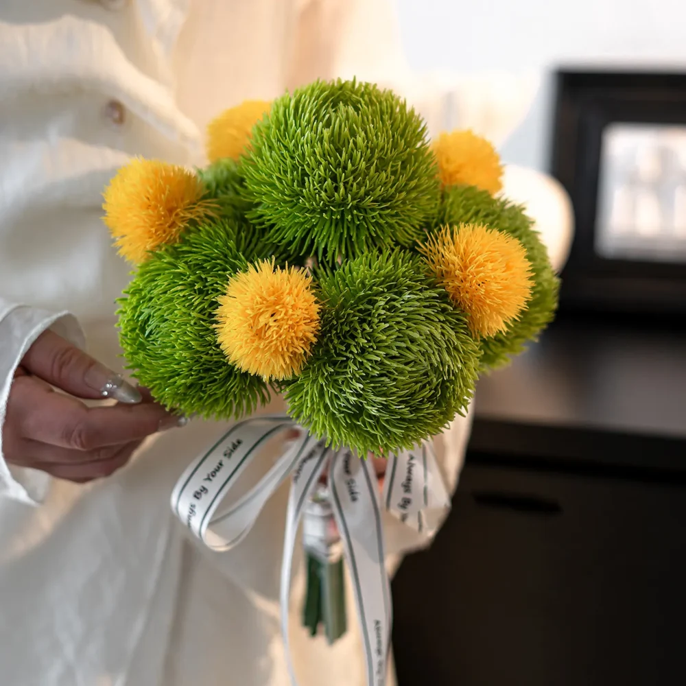 Green artificial wedding bouquet of green dianthus balls and yellow billy buttons with the full colour range