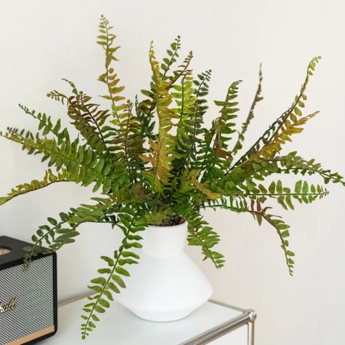 Green large artificial fern frond, sixty centimetres from base to tip, arranged in a vase