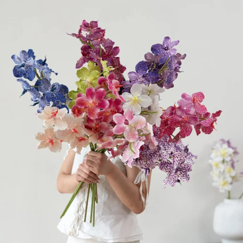 Large artificial orchid spray with a dense head of speckled vanda blooms with the full colour range