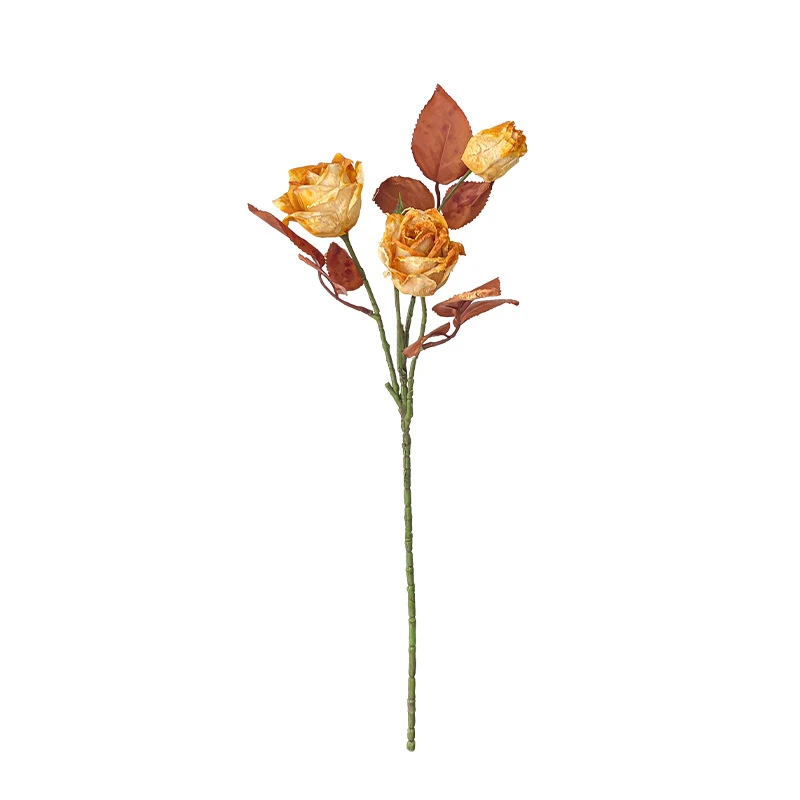 Vintage artificial rose stem with three dried-look heads and rust foliage