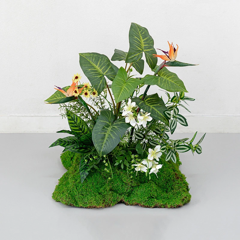 Orange strelitzia large artificial woodland arrangement on a wide moss base