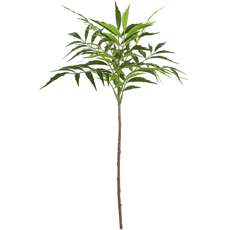 Single stem artificial bamboo stem with narrow leaves layered along a jointed cane