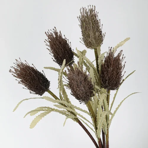 Brown spray artificial banksia stem with a bristled seed cone and narrow serrated leaves