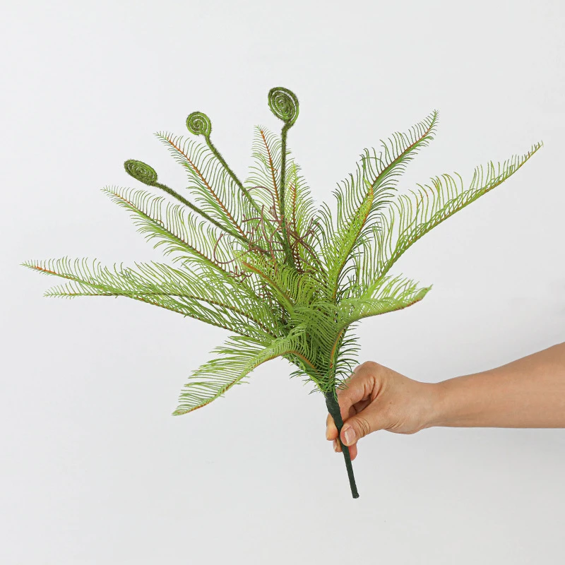 Slim bush artificial fern bush with coiled fiddleheads left unopened among the fronds, held in one hand