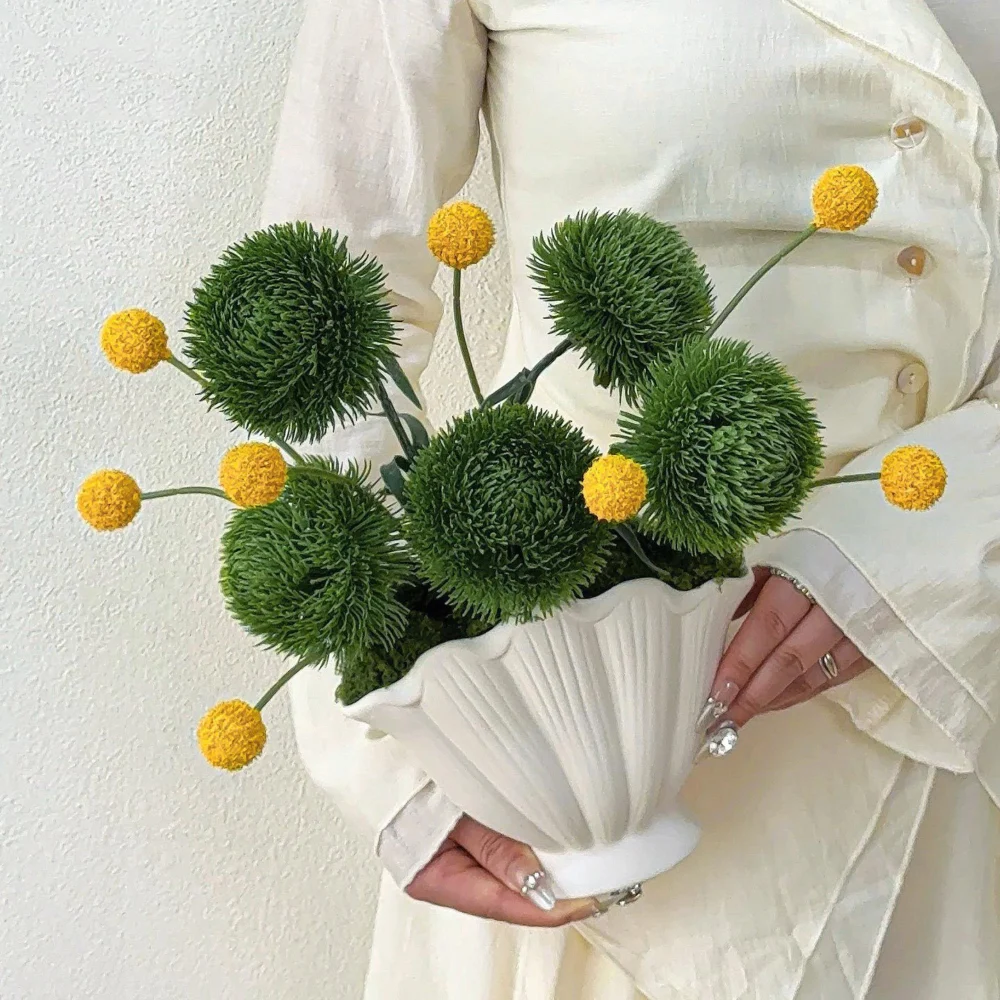 White shell vase artificial flower arrangement in a white vase, two flowers only, in a choice of four vessels, held in one hand