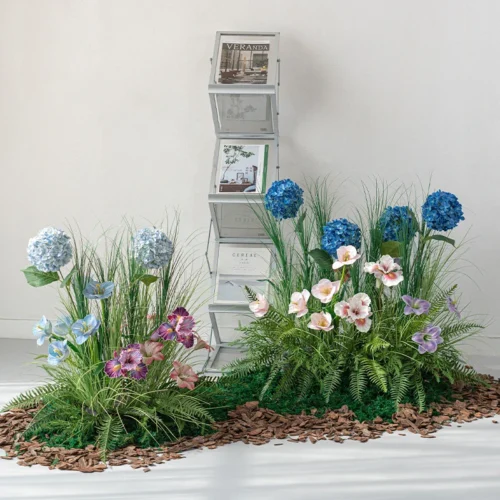 Blue artificial grass and flower landscape, a strip of meadow on a long base, styled in a room setting