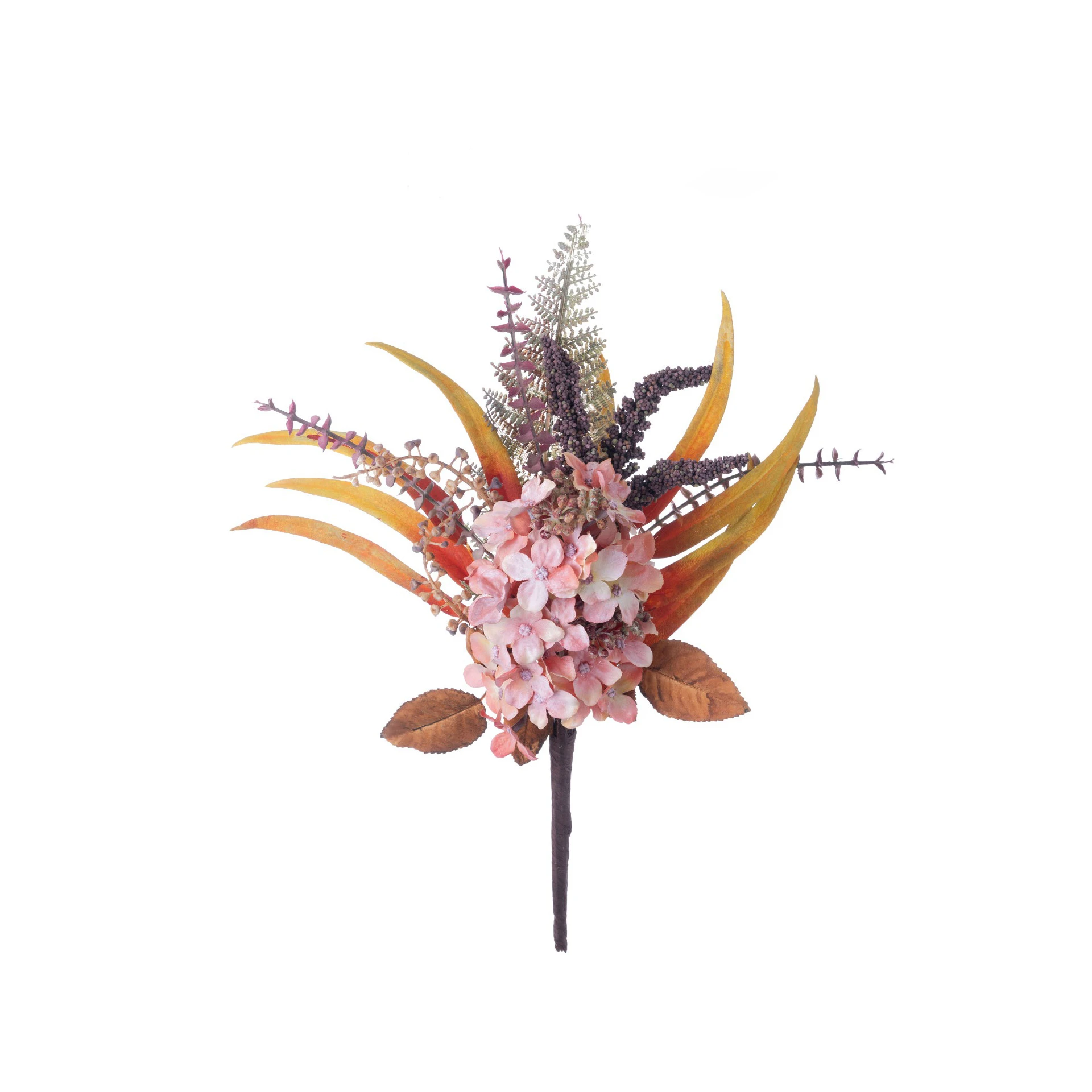 Pink, cut out artificial hydrangea pick built round one hydrangea head with autumn foliage behind it