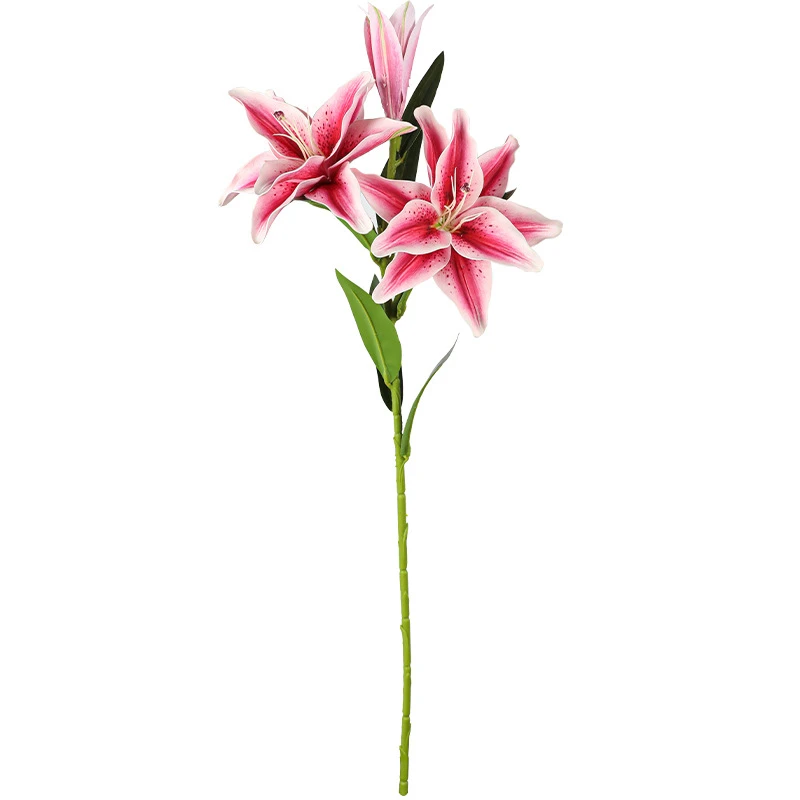 Deep magenta artificial lily stem carrying two open flowers and one closed bud