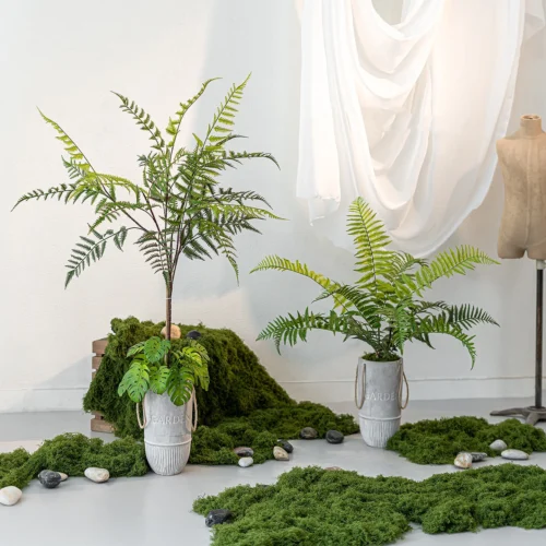 Fern pair artificial potted plant in a cement pot in a grey cement pot with rope handles with the full colour range