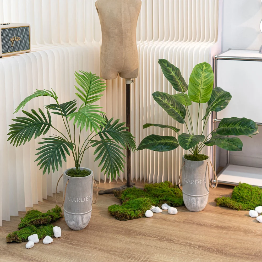 Palm and banana pair artificial potted plant in a cement pot in a grey cement pot with rope handles with the full colour range