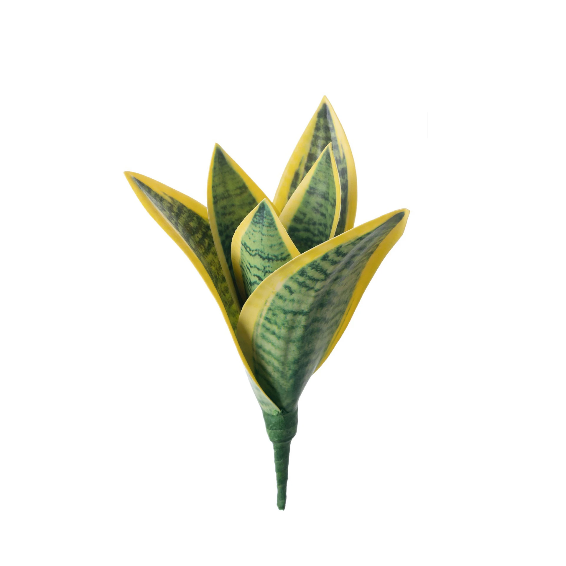 Yellow edged, cut out artificial snake plant pick of banded upright leaves bound at one stem