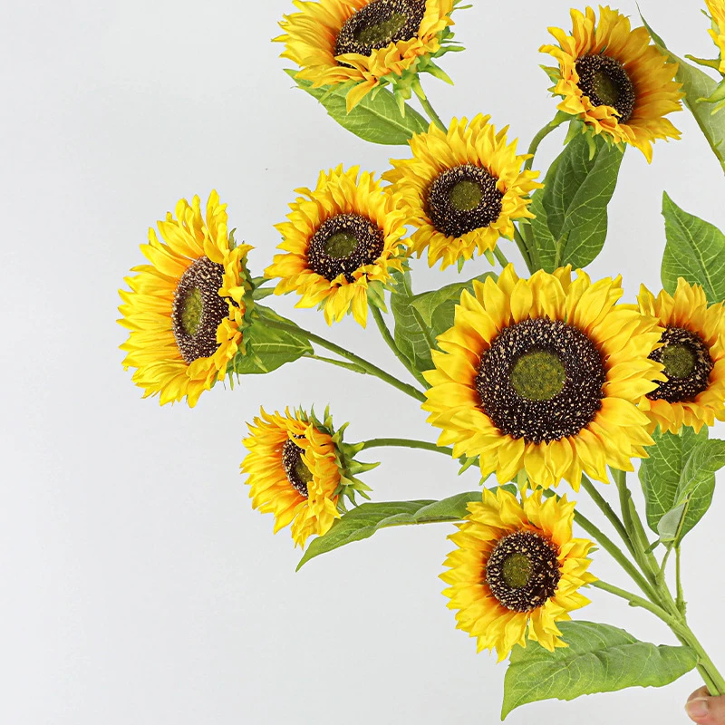 A bunch, held wide artificial sunflower stem carrying three heads at different stages on one long stem, held in one hand