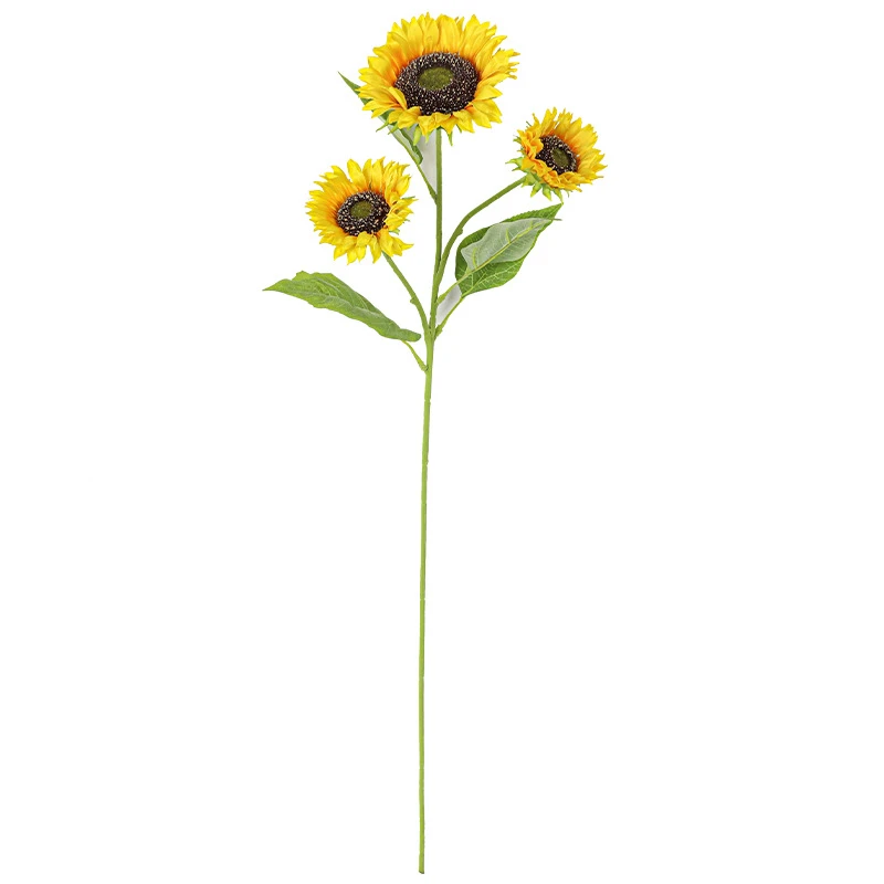 Single stem, full length artificial sunflower stem carrying three heads at different stages on one long stem