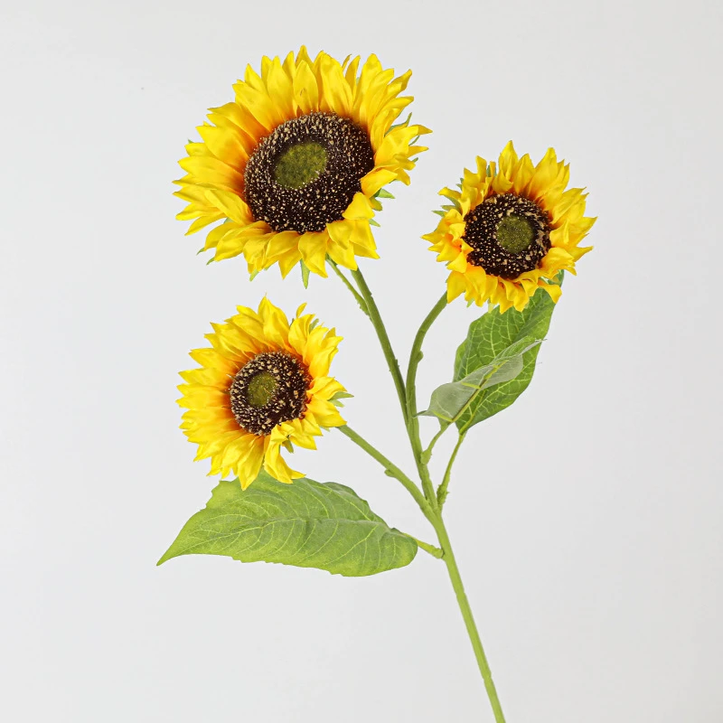 Three blooms on one stem artificial sunflower stem carrying three heads at different stages on one long stem