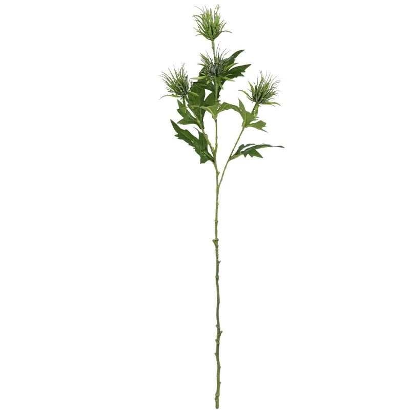 Full length artificial thistle flower stem with soft lilac crowns sitting above jagged leaves