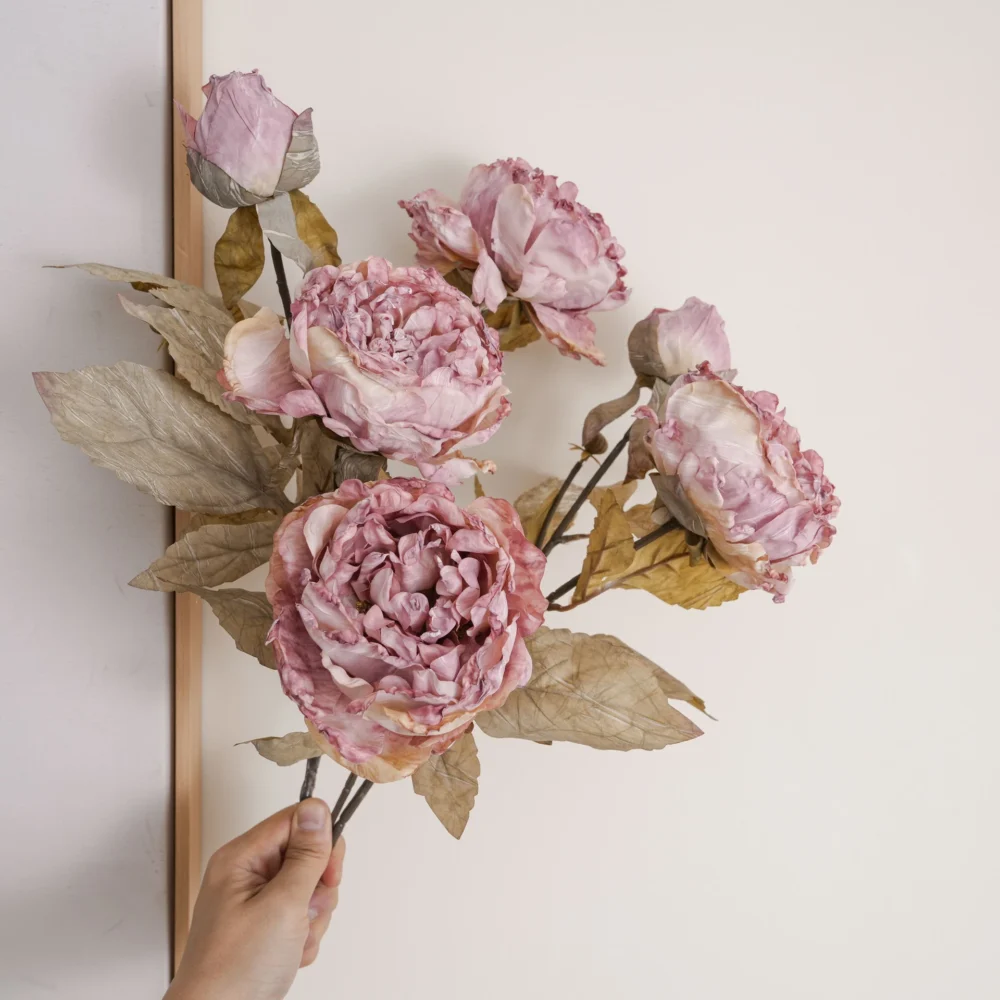 Dusty pink, held dried look artificial peony stem carrying three blooms and a bud on one stem, held in one hand