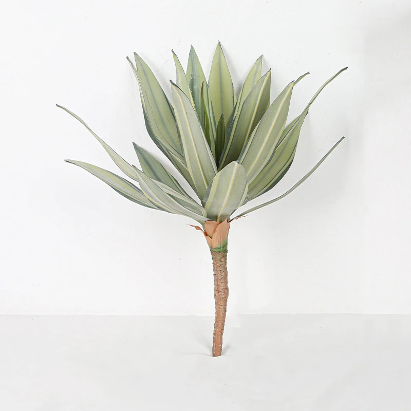 Pale sage with cream stripe faux agave plant on a jute-wrapped trunk that plants straight into a pot
